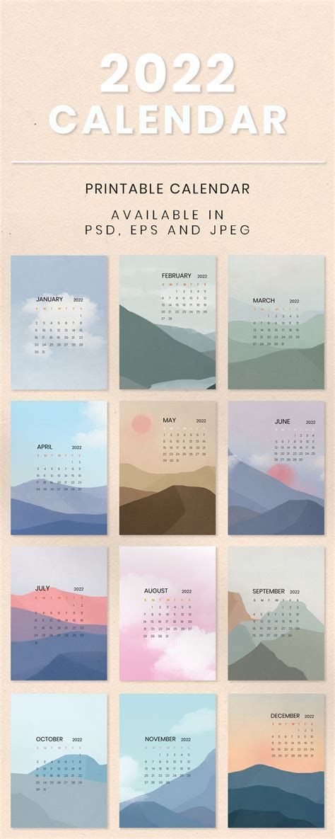 Sky And Mountain Yearly Calendar In Minimal Scandinavian Aesthetics