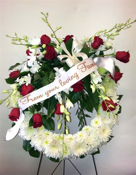 White And Red Standing Spray With Ribbon Funeral Flowers