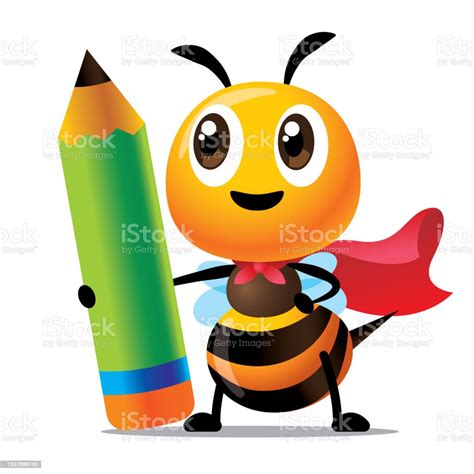 Back To School Cartoon Cute Bee Character Wearing Red Cloak And Holding