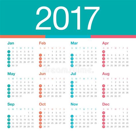 Year 2017 Calendar Vector Design Template Stock Vector Illustration