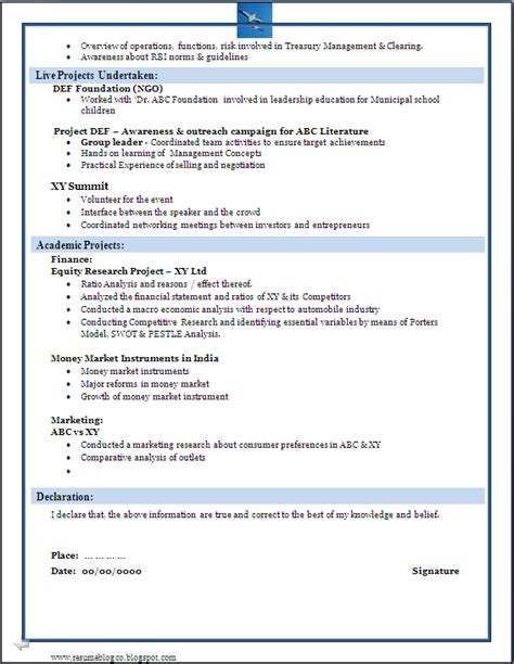 Free fresher resume format in word. Sample of a Beautiful Resume format of MBA Fresher - Resume Formats