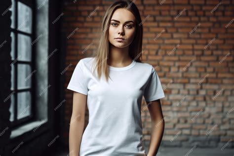 Premium Photo A Woman In A White T Shirt Stands In Front Of A Brick