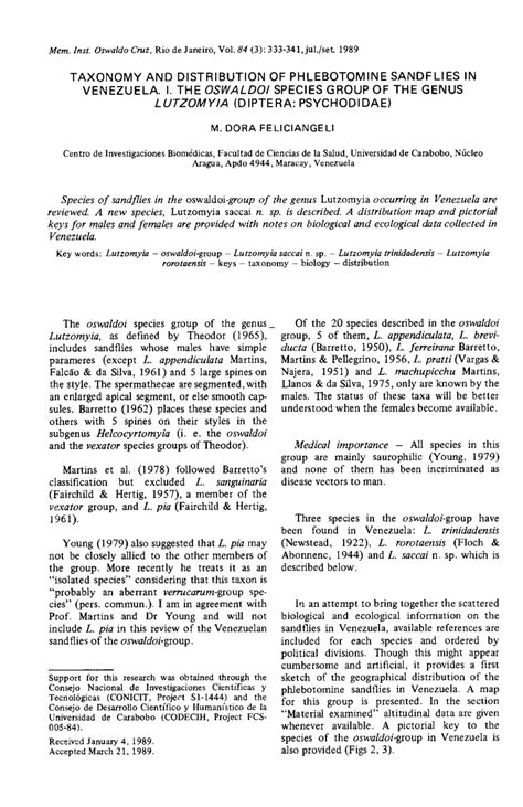 Pdf Taxonomy And Distribution Of Phlebotomine Sandflies In Venezuela I The Oswaldoi Species