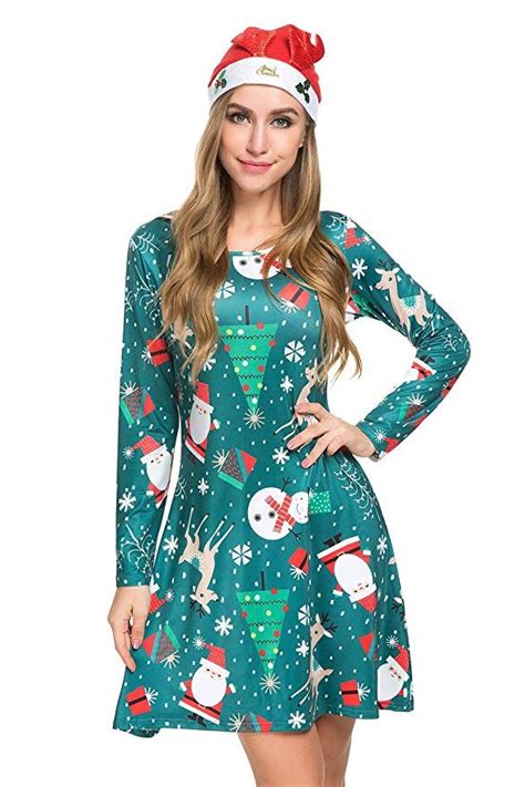 Womens Christmas Dresses Long Sleeve Casual Cocktail Party A Line Xmas Midi Party Holiday Swing