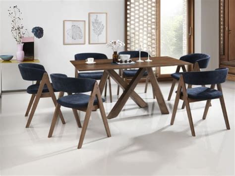 Luxury dining table with navy blue ceiling. Gaudi Dining Sets | Rustic Hardwood Table | Navy Blue Chairs | On Sale!