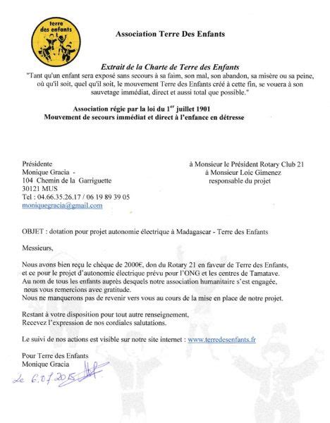 Lettre De Remerciement Au Rotary Club Nîmes 21 Terre Des Enfants