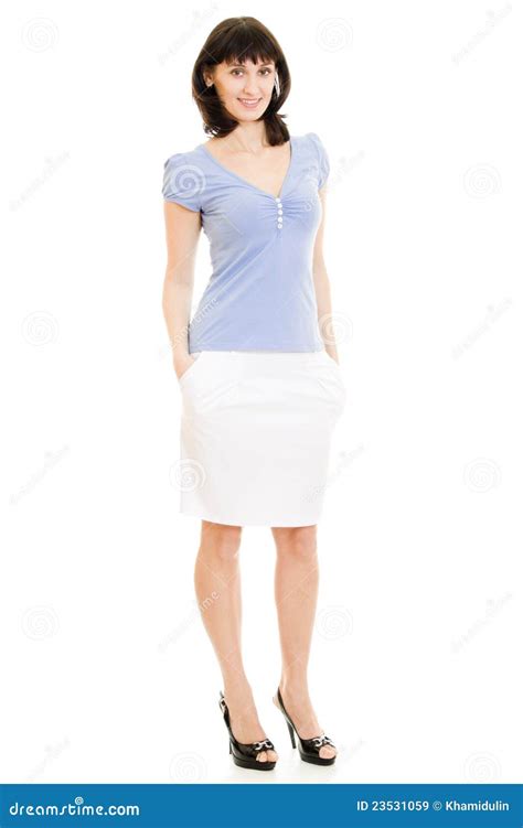 A Woman In A Blue Shirt And White Skirt Royalty Free Stock Images Image 23531059