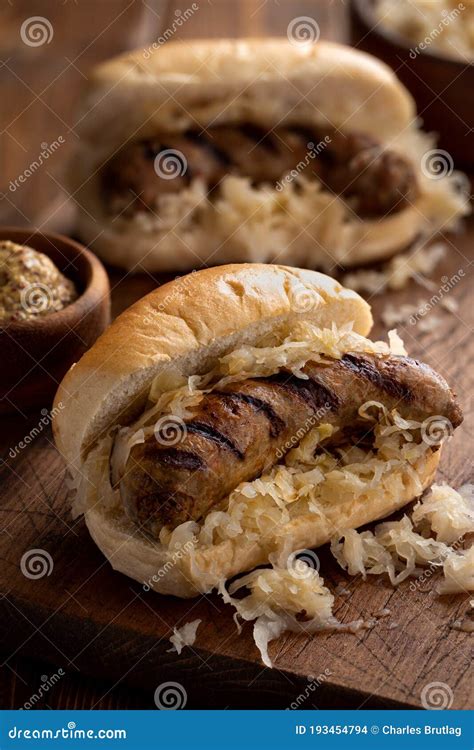 Grilled Bratwurst On A Bun Stock Photo Image Of Brown 193454794