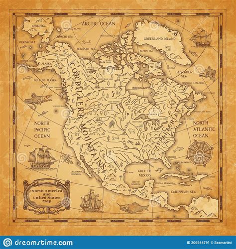 North America Continent Ancient Map On Old Paper Stock Illustration