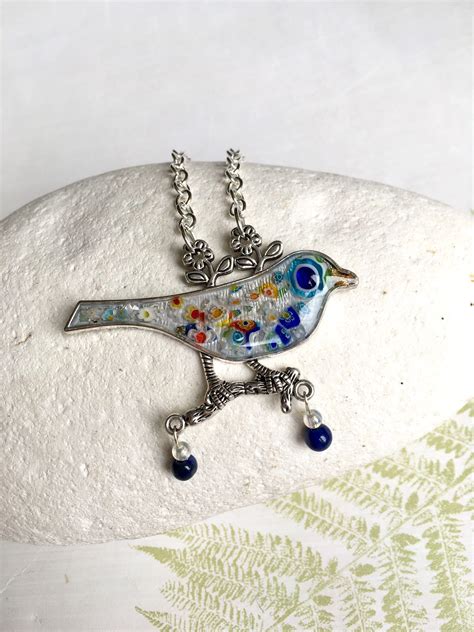 Glass Bird Necklace Multicoloured Statement Necklace Adjustable