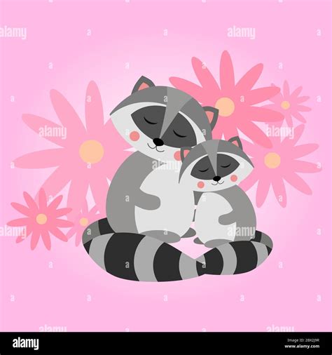 Cute Raccoon Mother And Kid North American Raccoon Native Mammal