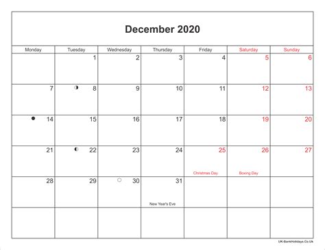 December 2020 Calendar Printable With Bank Holidays Uk