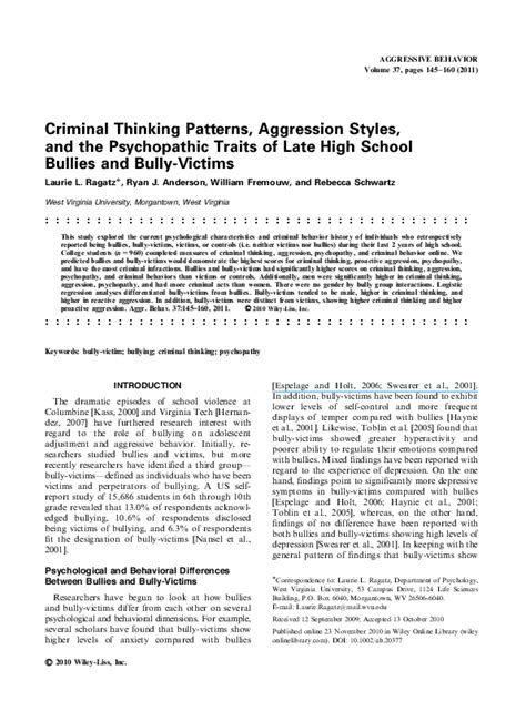 Pdf Criminal Thinking Patterns Aggression Styles And The