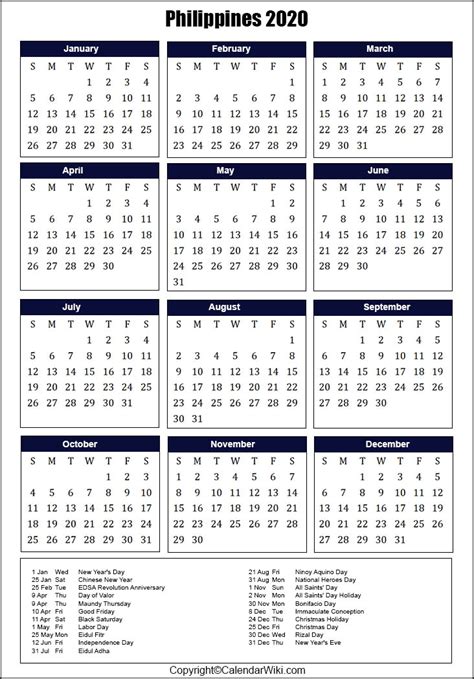2020 Philippines Project Timeline Calendar Free Printable Templates