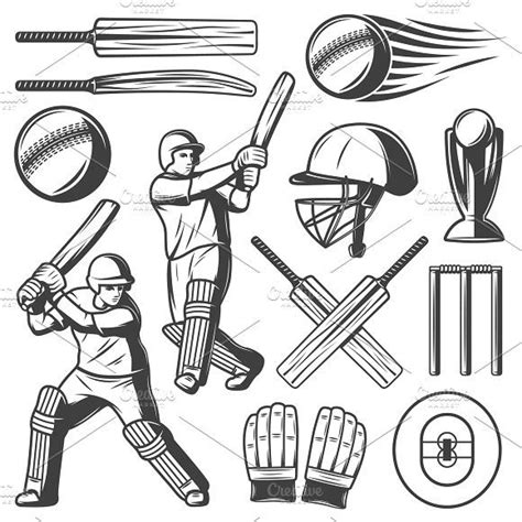 Vintage Cricket Elements Collection Sports Drawings Cricket Cricket