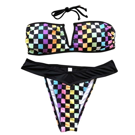 Grid Bikini V Neck Split Ladies Swimsuit Hot And Sexy Style Colorful