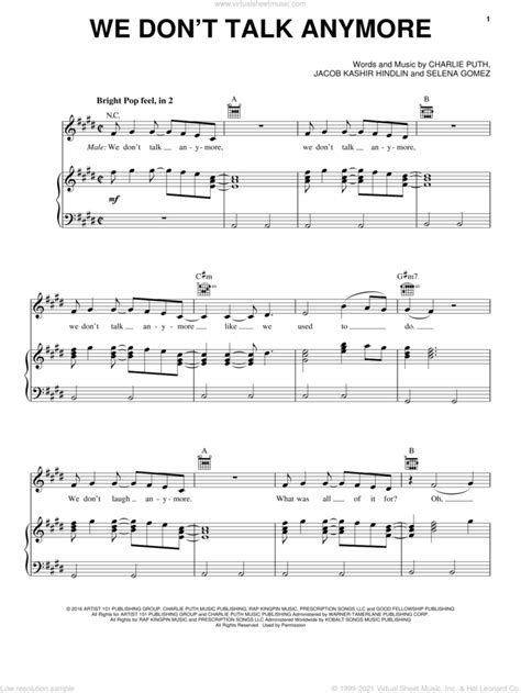 Charlie Puth Feat Selena Gomez We Dont Talk Anymore Sheet Music For