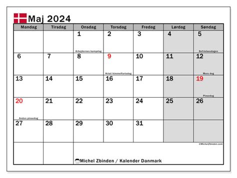 Kalender Maj 2024 Danmark Michel Zbinden Da