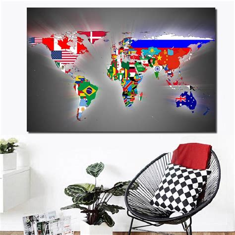 Colorful National Flags World Maps Painting Prints On Canvas Gray