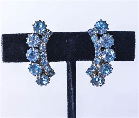 Vintage Blue Rhinestone Earrings Vintage Clip On Blue Earrings Etsy