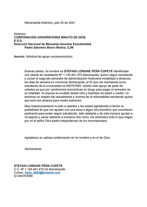 Carta Para Solicitar Ayuda Economica A La Universidad Pdmrea