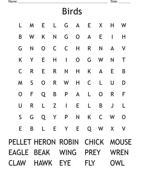 Birds Word Search Wordmint