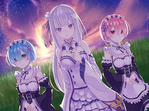 Обои на рабочий стол Ram Рам Emilia Эмилия и Rem Рем из аниме Rezero Kara Hajimeru