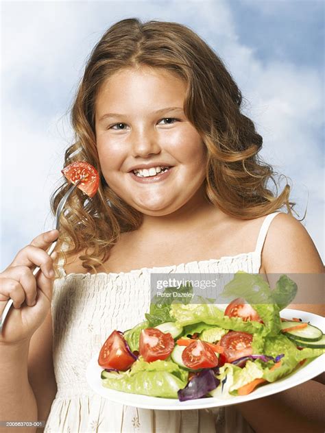 Overweight Girl Against Sky Eating Salad Smiling Portrait High Res