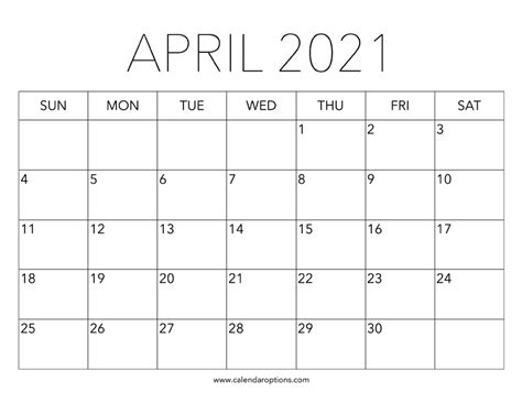 Printable April 2021 Calendar Calendar Options