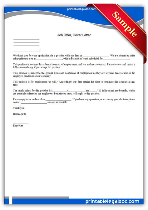 Free Printable Job Offer Cover Letter Form Generic