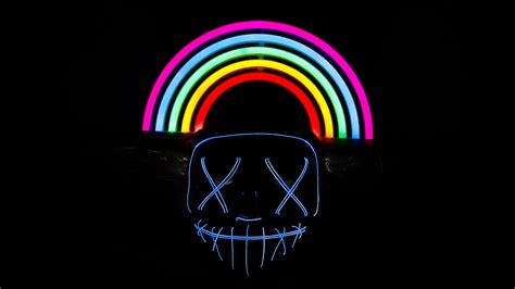 Download Wallpaper 3840x2160 Mask Rainbow Neon Dark 4k