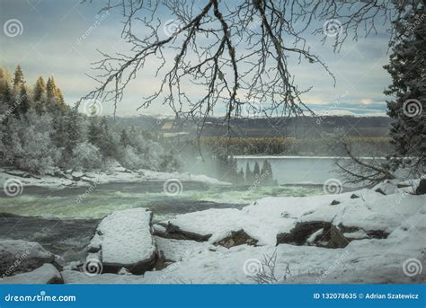 Winter Landscape Frozen River Near Tannforsen Waterfall Stock Image