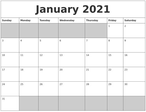 January 2021 Blank Printable Calendar