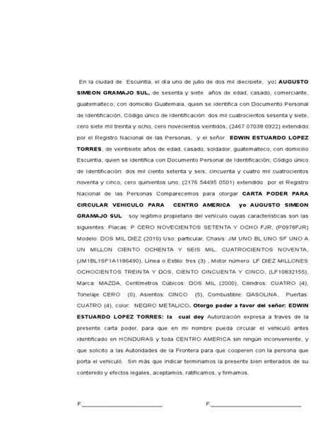Carta Poder Para Circular Vehiculo Para Centro America Edwin Estuardo