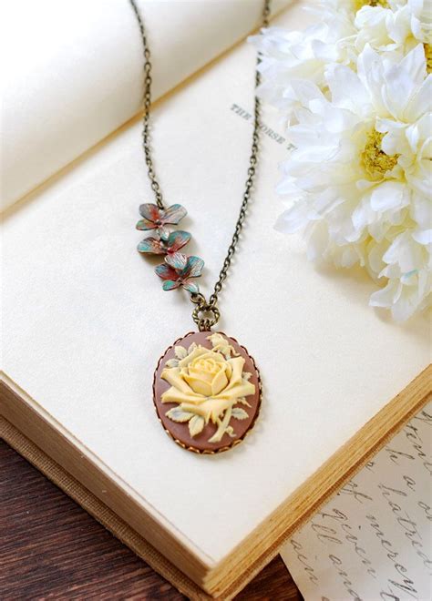 Brown Cameo Necklace Ivory Rose Cameo Necklace Brown Blue Verdigris