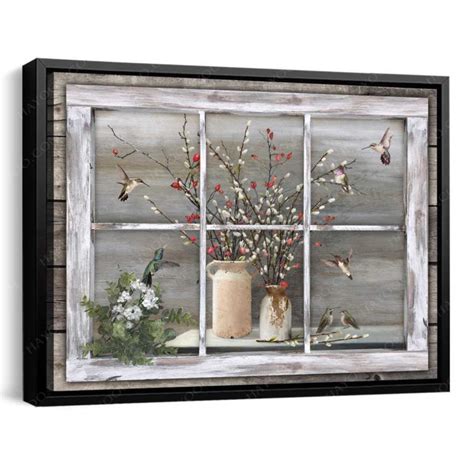 Hayooo Faux Window Canvas Vintage Willows And Hummingbirds Wall Art For