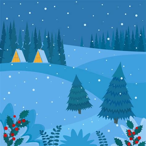 Premium Vector Winter Landscape With Houses In Forest Christmas Night