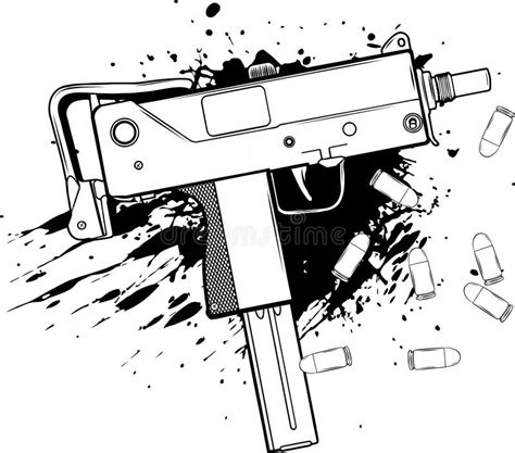 Draw In Black And White Of Army Uzi Weapon With Bullets Ad Blood Stock