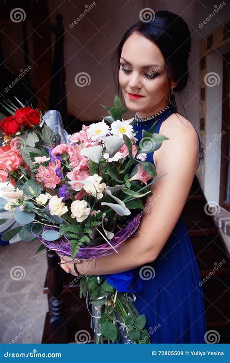 Beautiful Girl With A Large Bouquet Of Flowers Stock Image Image Of Beautiful Luxury 72805509
