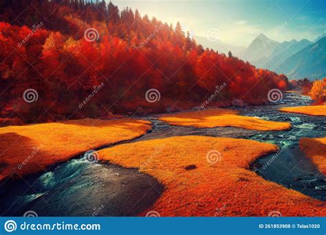 A River Running Through A Lush Green Forest Covered In Orange And Red Leaves Stock Illustration