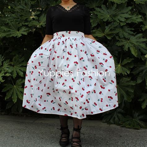 Yuppies Fashion 1950s Style Cherry Print Skirt High Waist Pleated Women