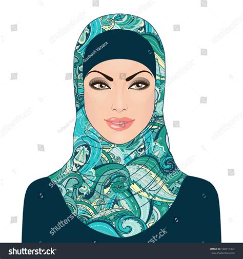 Portrait Muslim Beautiful Girl Patterned Hijab Stock Vector Royalty