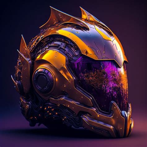 The Helmet Is Designed To Look Like It Has Gold Paint And Purple Lights