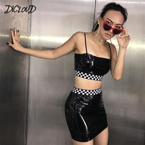 dicloud 2018 two piece set women fashion pu strapless sexy summer short tops black plaid high