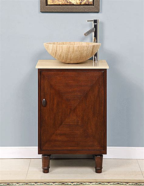 Faucet & vessel sink placement. 20 Inch Vessel Sink Bathroom Vanity with Travertine