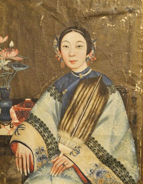 Qing Dynasty Lady Portrait With A Fan Painting Early 20th Oil