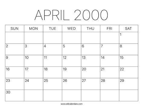 2000 Calendar April Printable Old Calendars