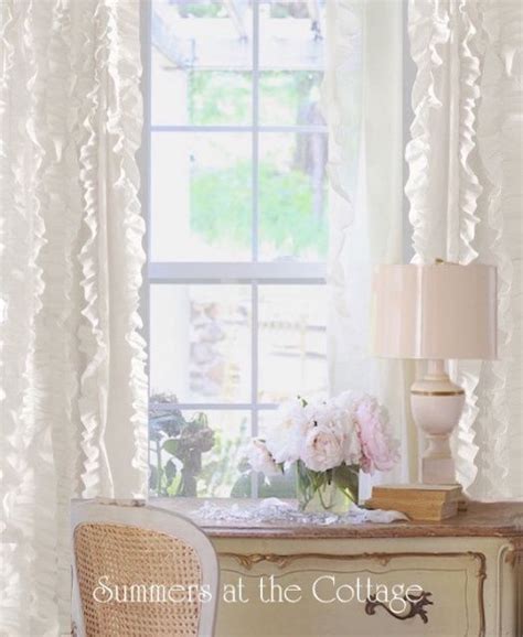 Set Of 2 Shabby French Cottage Chic White Ruffle Curtains Drape Panels