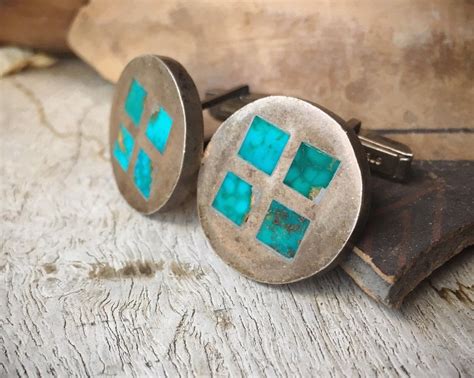 1970s Sterling Silver Turquoise Cufflinks For Men Native American