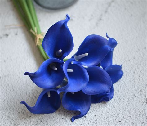 10 Dark Royal Blue Calla Lilies Real Touch Flowers Diy Silk Wedding